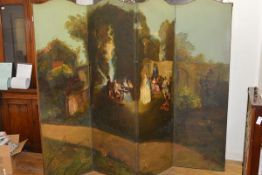 A painted leather four-fold room screen, early 20th century, depicting a fete champetre in an 18th