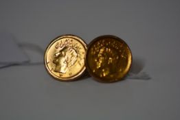 Pahlavi Dynasty: two half Pahlavi gold coins, mounted as cufflinks in 18ct gold settings. 14.6