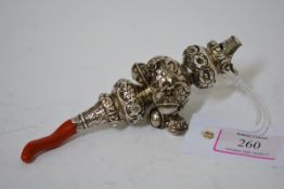A Victorian silver baby's rattle and whistle, Birmingham 1856, of baluster form, decorated with