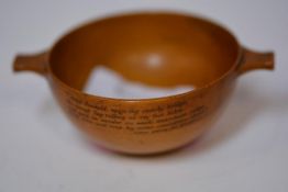 A 19th century Mauchline Ware quaich "From the Athole Plantations, Dunkeld", inscribed verso with