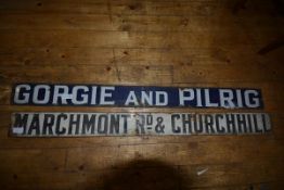 Two vintage Edinburgh enamelled metal tram signs,"Marchmont Rd & Churchill" and "Gorgie & Pilrig" (