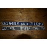 Two vintage Edinburgh enamelled metal tram signs,"Marchmont Rd & Churchill" and "Gorgie & Pilrig" (