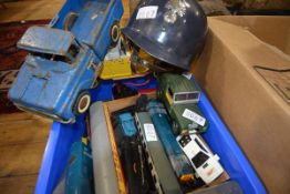 A box of vintage model vehicles, model rail etc, including Tonka, Tri-ang etc