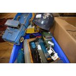 A box of vintage model vehicles, model rail etc, including Tonka, Tri-ang etc