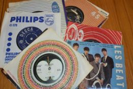 A group of approximately twelve Beatles and Rolling Stones 45's including two French Odeon,