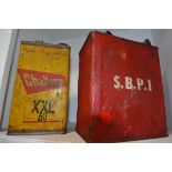 Two vintage oil cans, Challenge Oil and another marked SBPI (2)