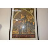 A reproduction French railway poster, Chemin de Fer d'Orleans et du Midi Carcassone, framed