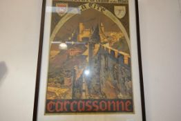 A reproduction French railway poster, Chemin de Fer d'Orleans et du Midi Carcassone, framed