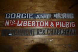 A group of three vintage Edinburgh enamelled metal tram signs, "Ntr Liberton & Pilrig", "Marchmont