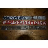 A group of three vintage Edinburgh enamelled metal tram signs, "Ntr Liberton & Pilrig", "Marchmont