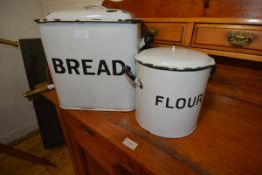 Two vintage enamel kitchen canisters, Bread and Flour; together with a vintage style electric