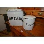 Two vintage enamel kitchen canisters, Bread and Flour; together with a vintage style electric