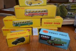 A group of seven boxed Dinky diecast models including B.O.A.C. coach, no. 283; together with a boxed