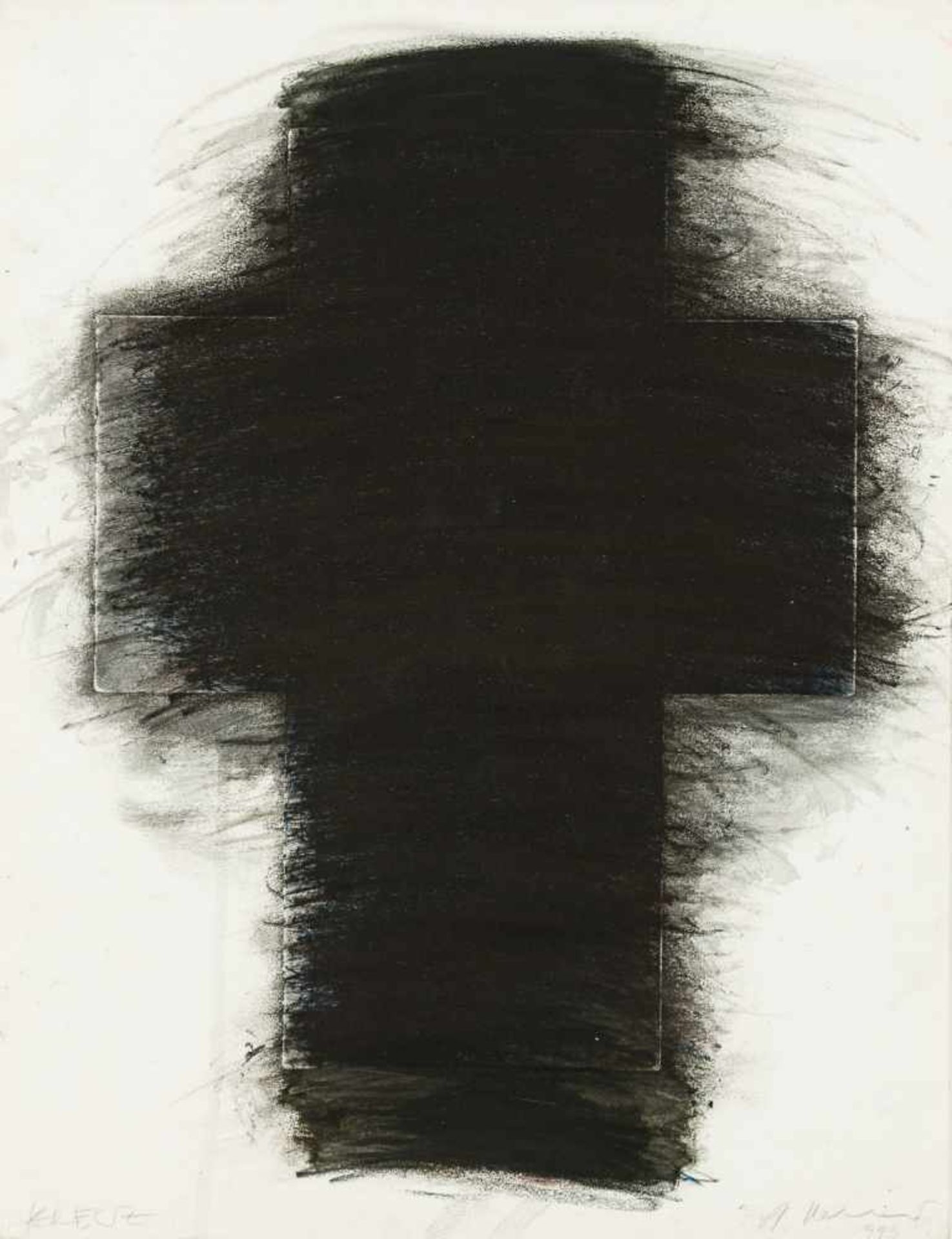 Arnulf Rainer Baden 1929 geb. KREUZ Radierung, übermalt mit Aquarell und Ölkreide auf Bütten 65,5