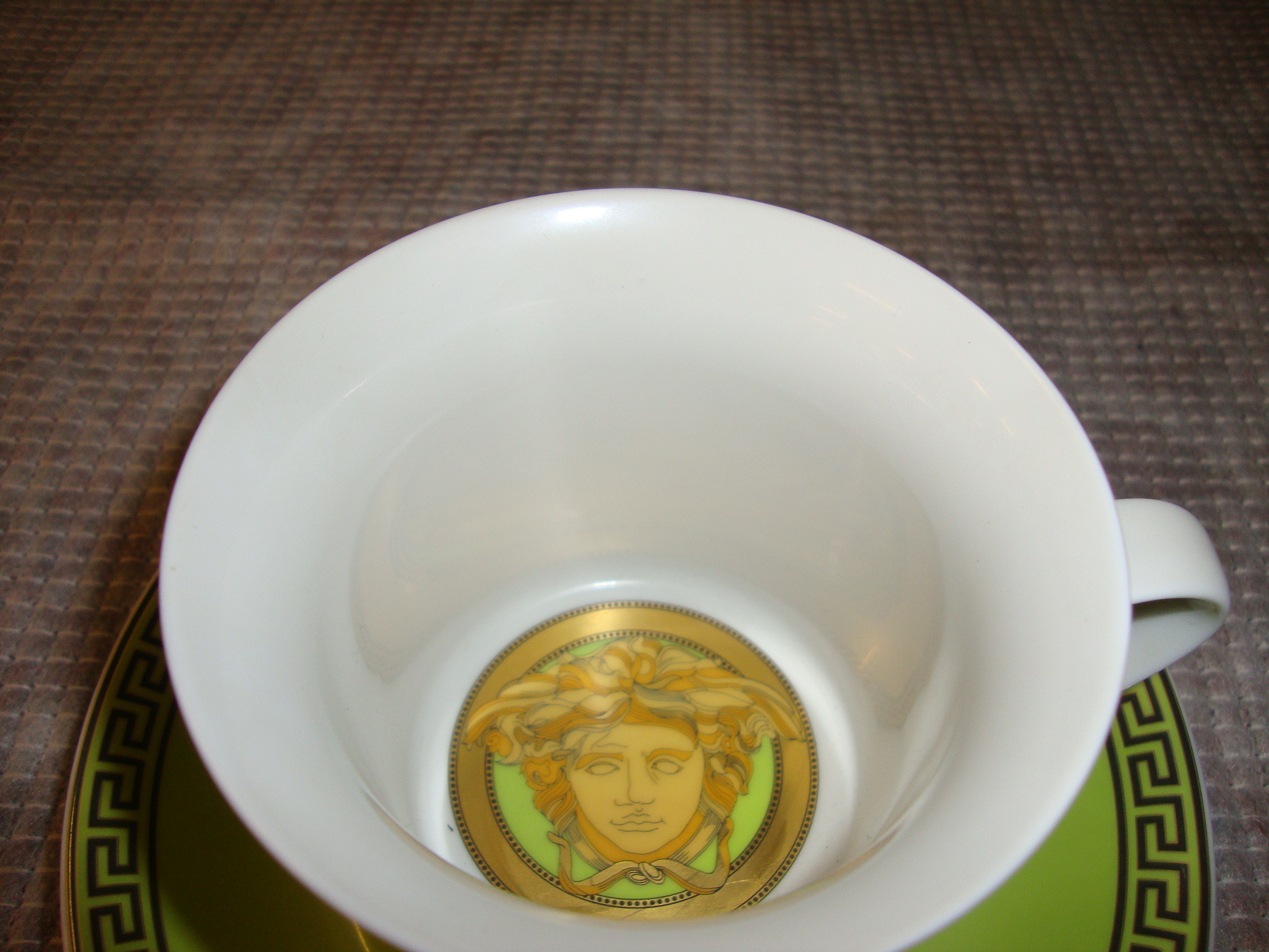 Versace by Rosenthal green and gold teacup and saucer, with primarily gold design Medusa head in the - Image 6 of 7