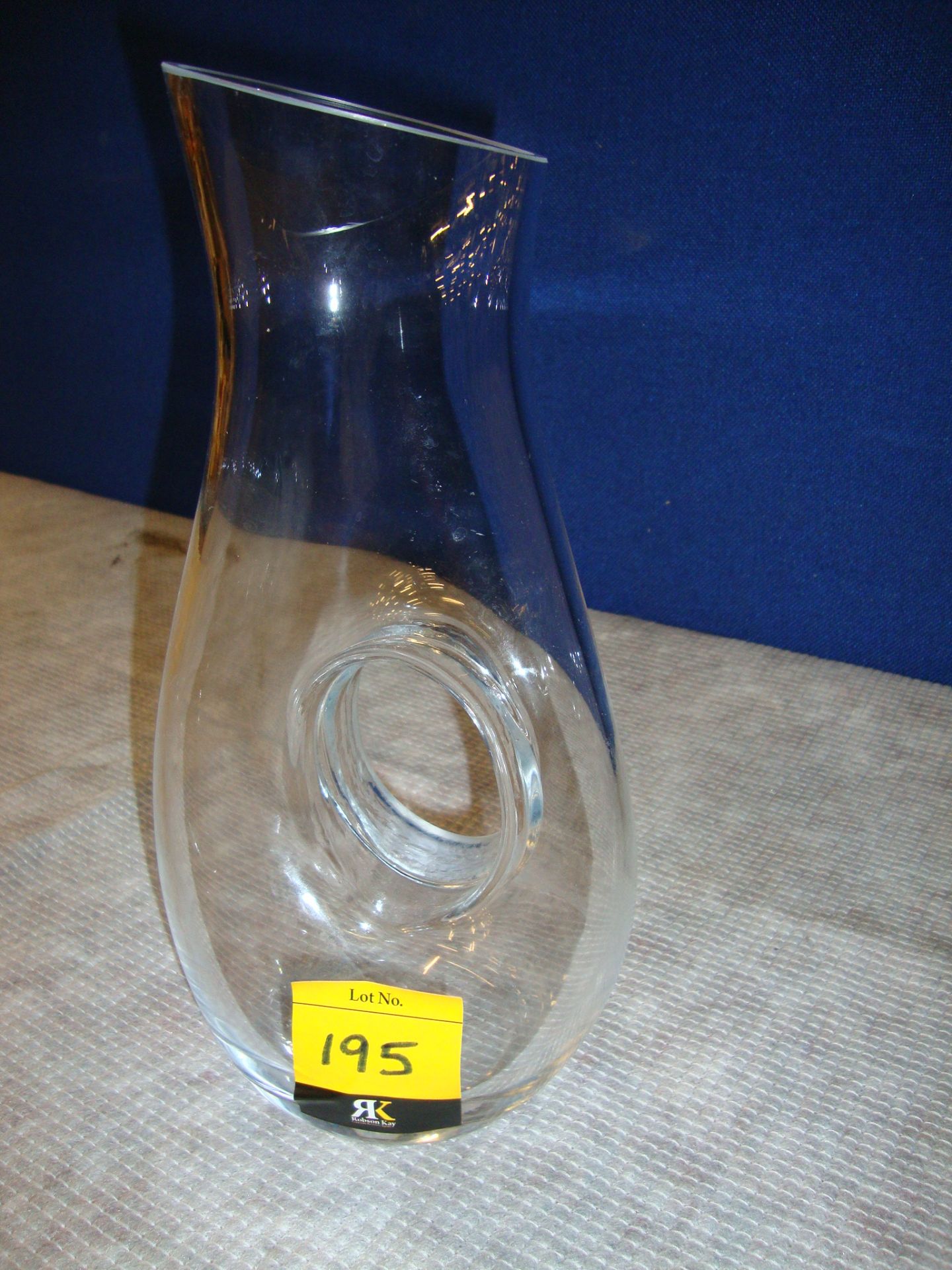 Glass carafe/decanter with unusual hole design forming an in-built handle - height circa 315mm