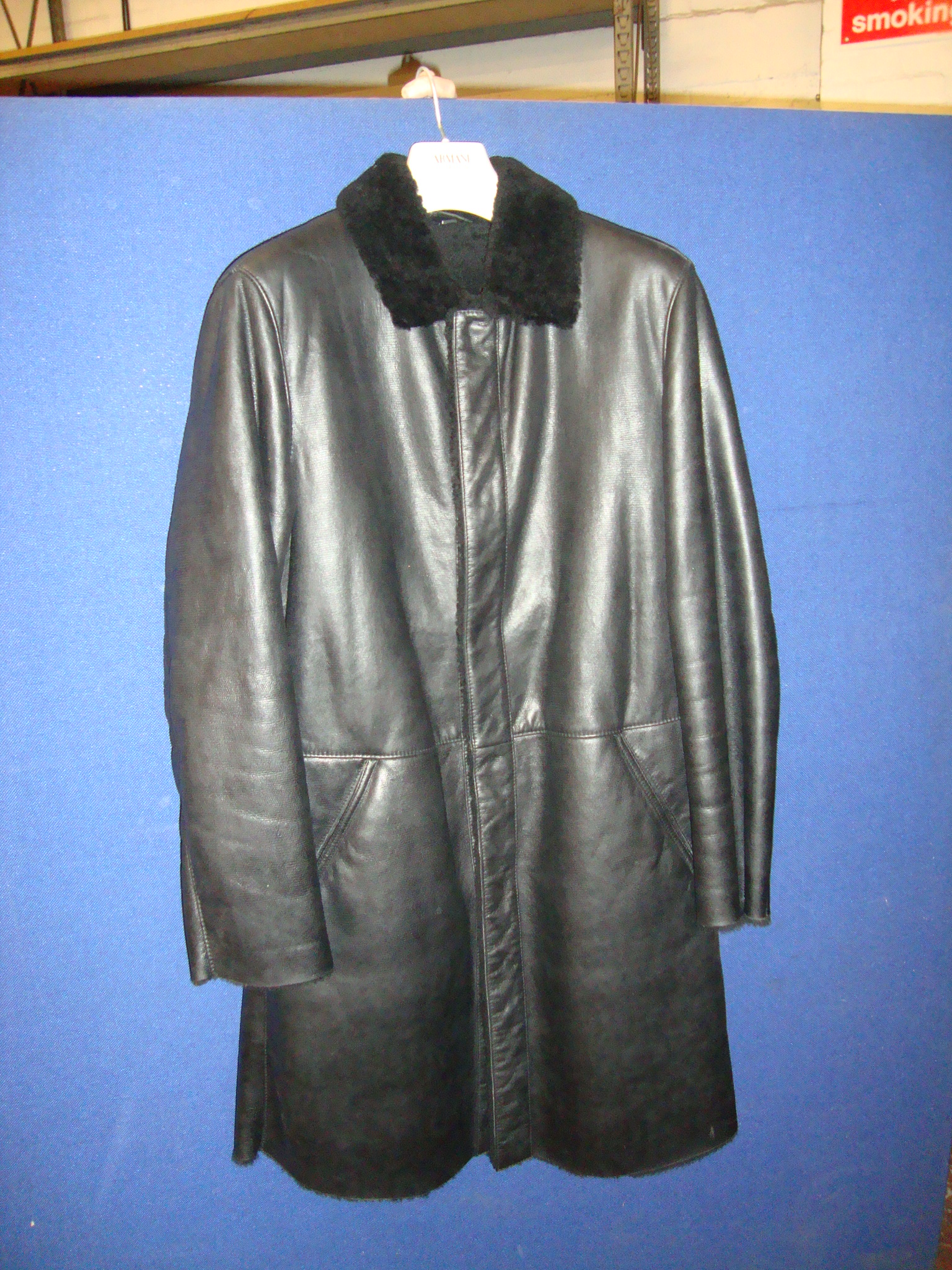 Giorgio Armani Collezioni men's black embossed leather sheepskin shearling 3/4 length coat - Image 2 of 5