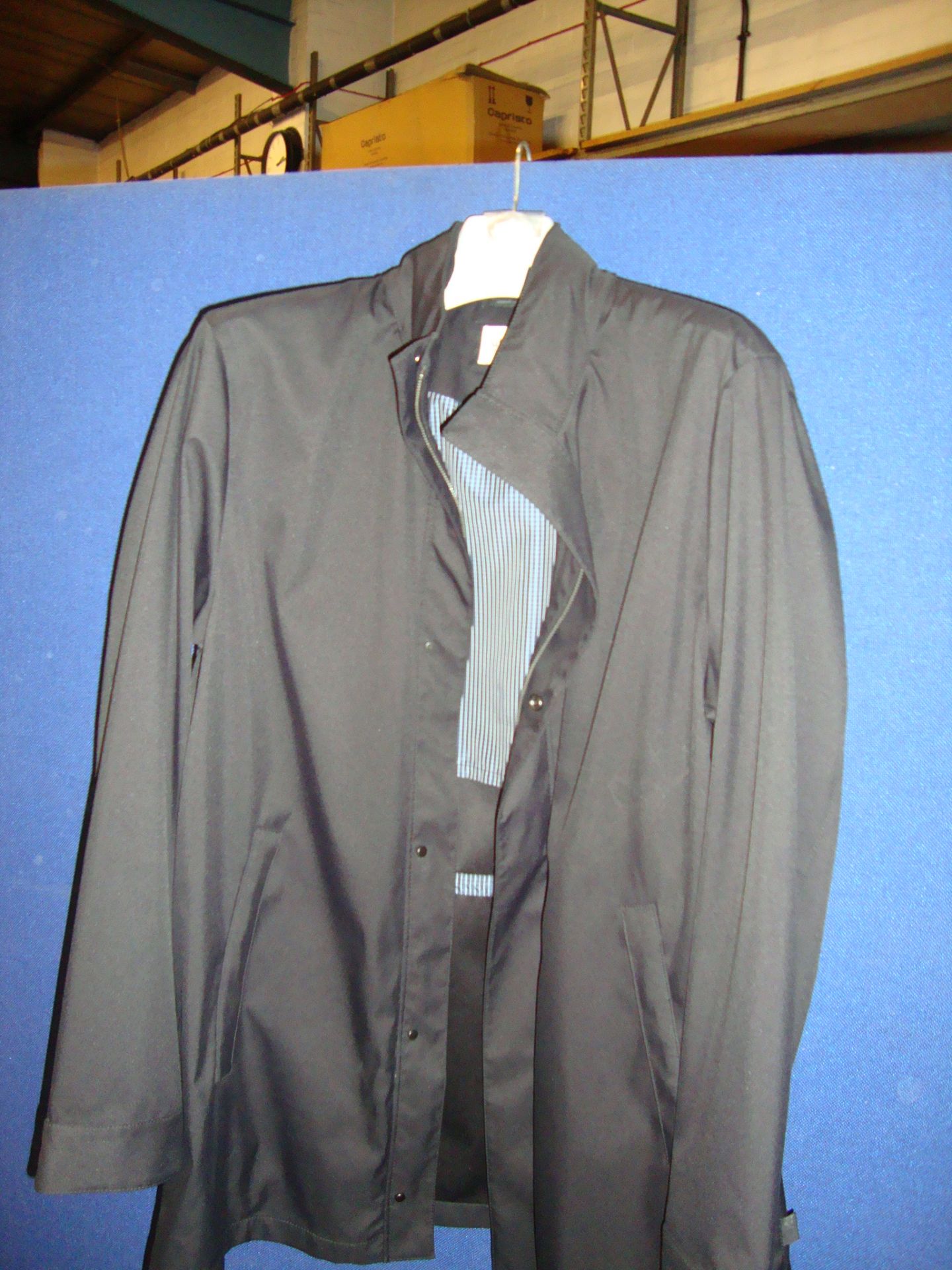 Armani Collezioni men's black raincoat with hidden hood and half lining, water repellent fabric