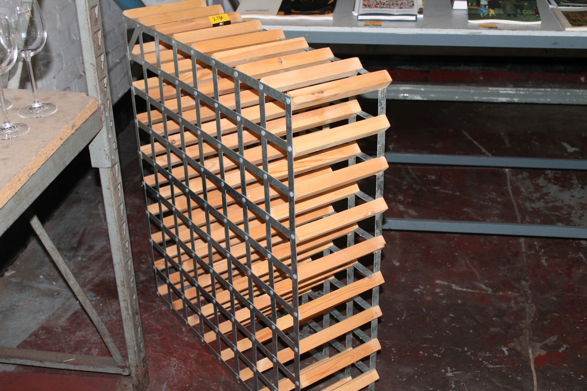 Wine bottle rack in pine and metal with capacity of 8 holes by 9 holes plus one additional row of - Image 3 of 5