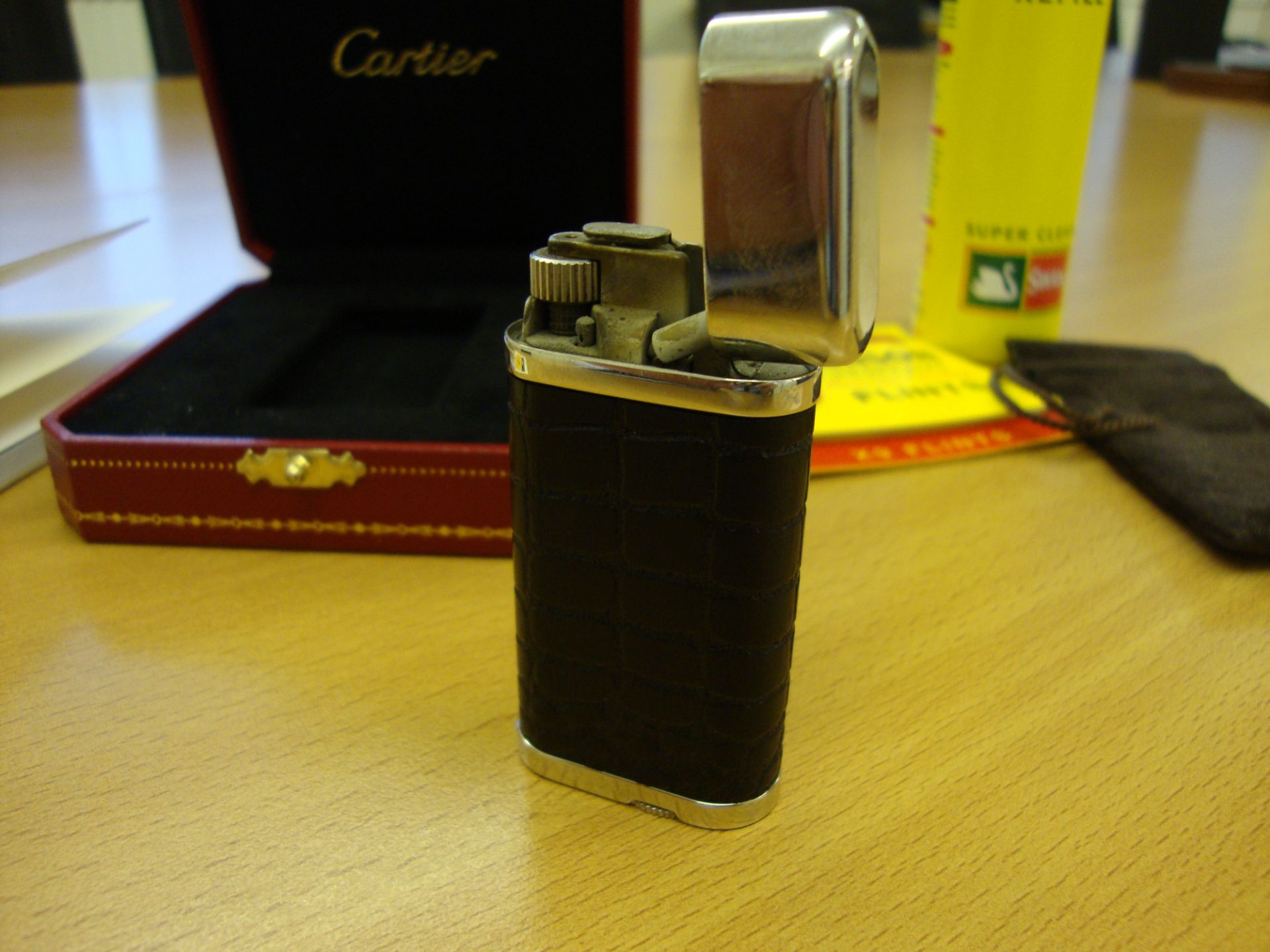 Cartier Lighter, in dark brown carved alligator skin style wood, with silver detailing. Serial - Image 8 of 11