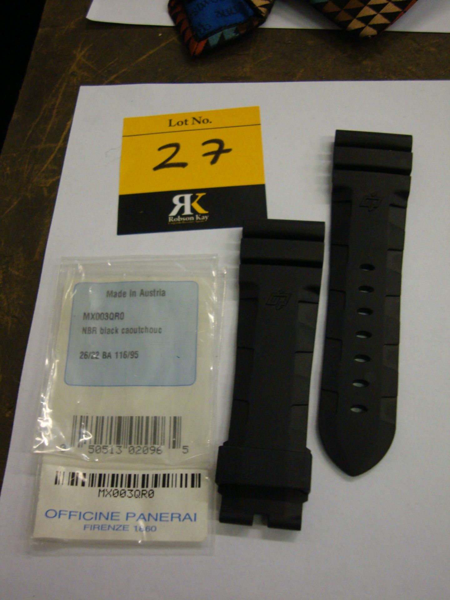 Panerai OEM black rubber strap size 26/22 BA 116/95, code MX003QR0 with original packet and label.