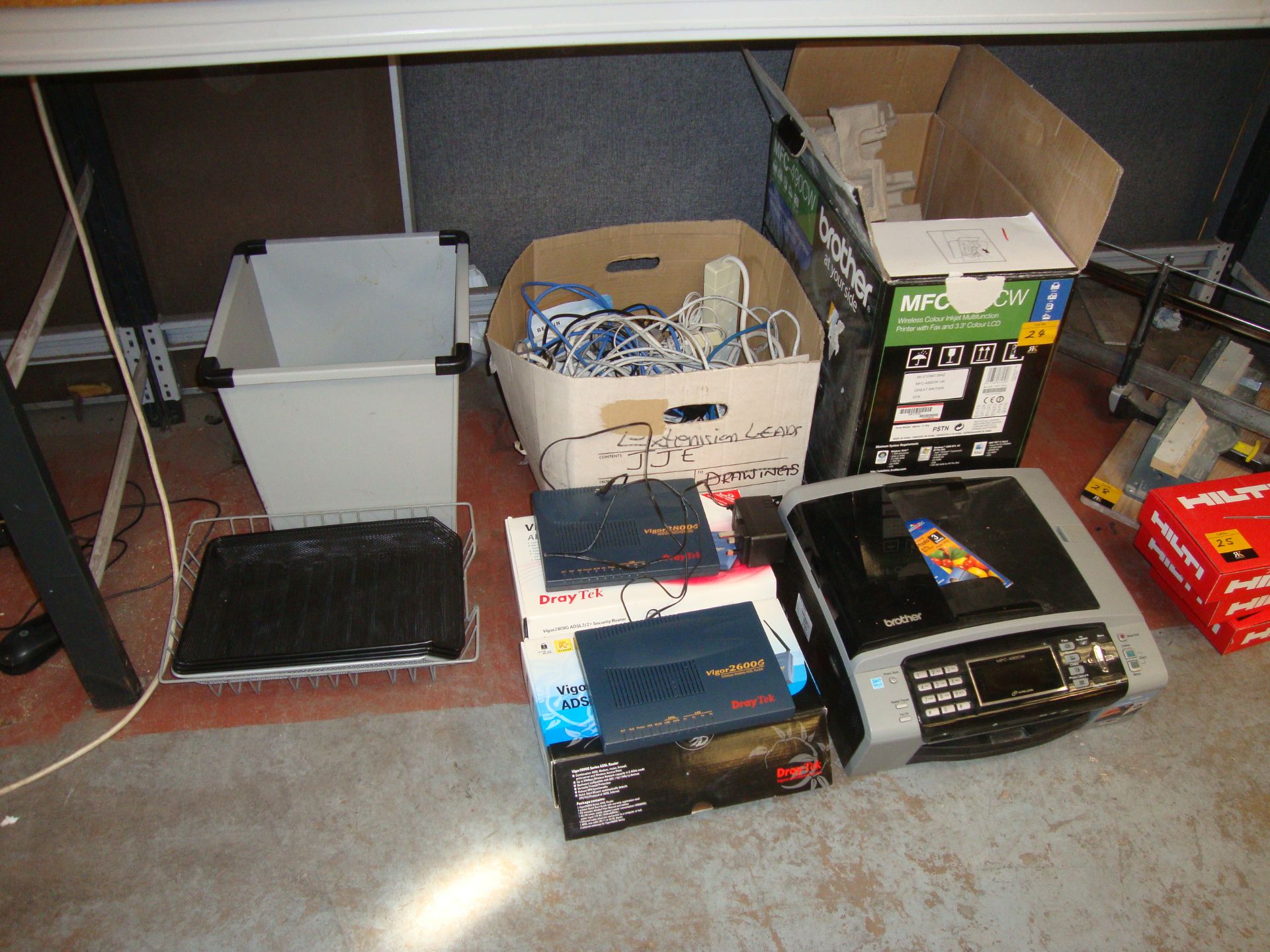 Mixed office/IT lot comprising Brother MFC-490CW multifunction printer, routers, box of assorted