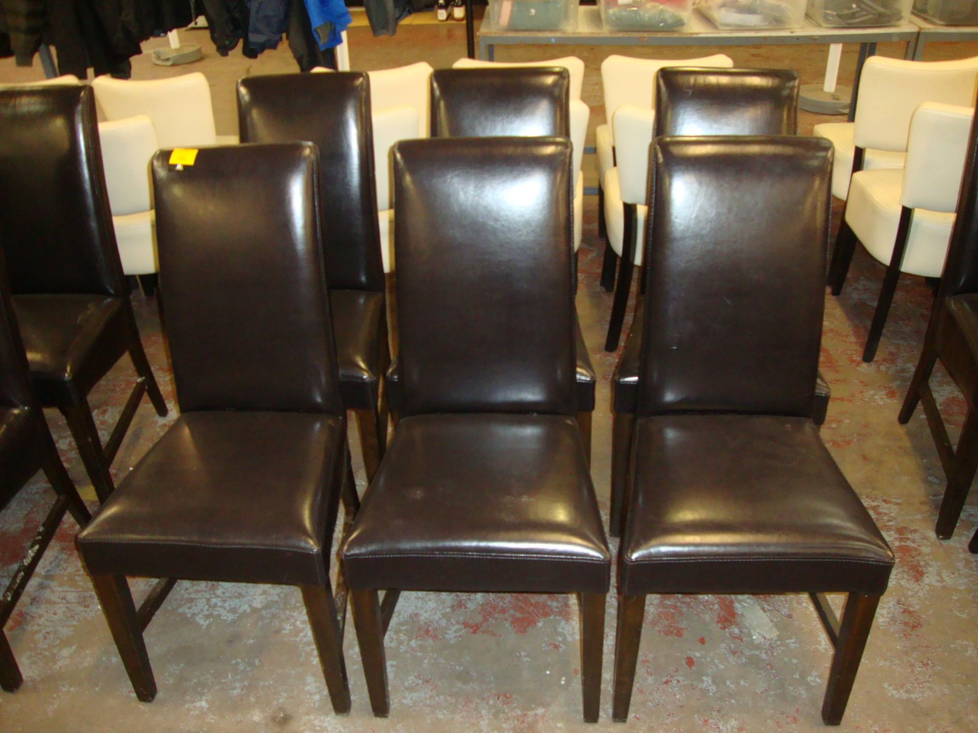 6 off chocolate brown upholstered leather/leather look dining chairs on dark wooden legs. NB lots 41 - Image 2 of 2