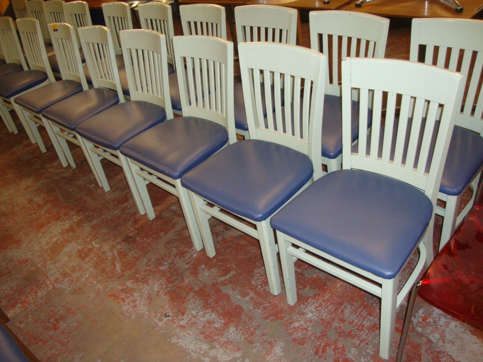 12 off pale green painted wooden chairs with blue upholstered seat bases. NB lots 131 - 137 - Image 3 of 3