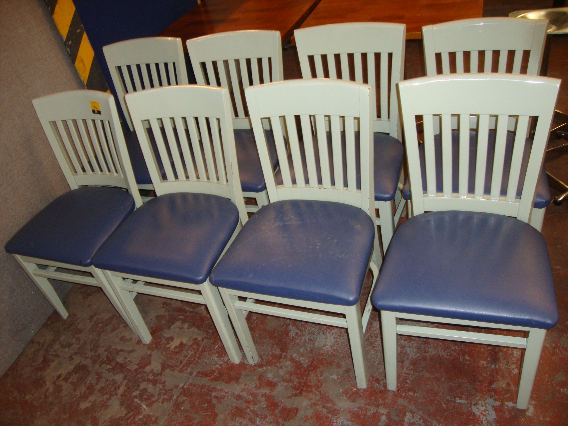 8 off pale green painted wooden chairs with blue upholstered seat bases. NB lots 131 - 137 consist - Image 3 of 3