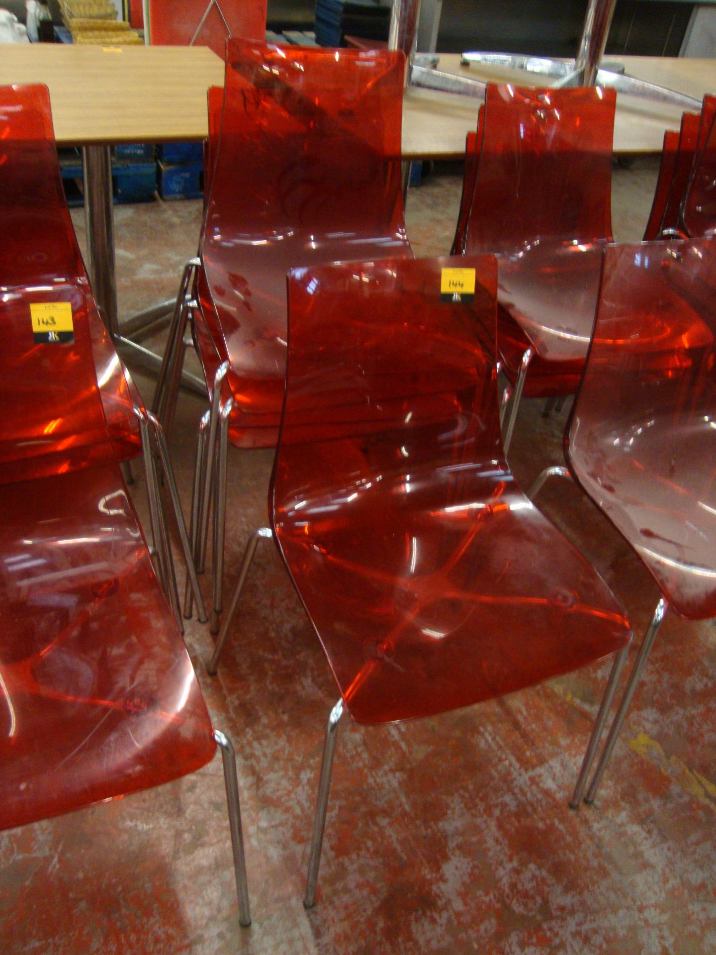 9 off matching red clear plastic chairs on metal legs. NB lots 138 - 145 consist of different - Image 2 of 3