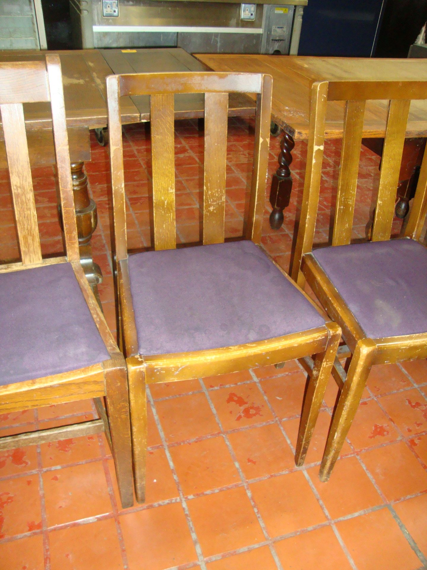 4 off wooden chairs with purple upholstered seat bases. NB each chair is slightly different - Image 4 of 5