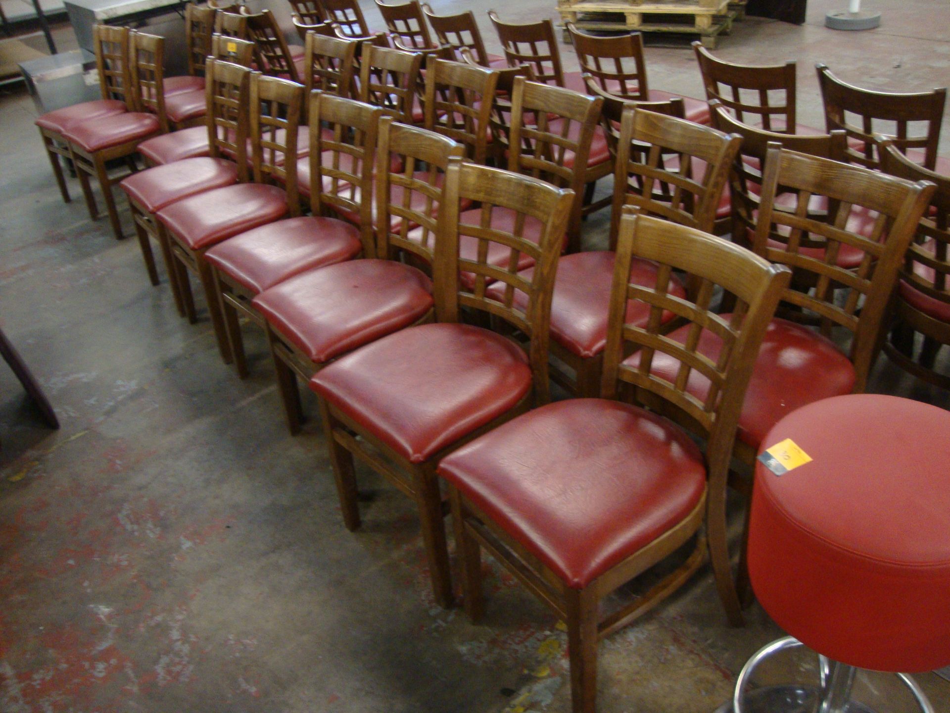 13 off wooden chairs with red upholstered bases. NB lots 121 – 129 consist of different quantities - Image 2 of 3