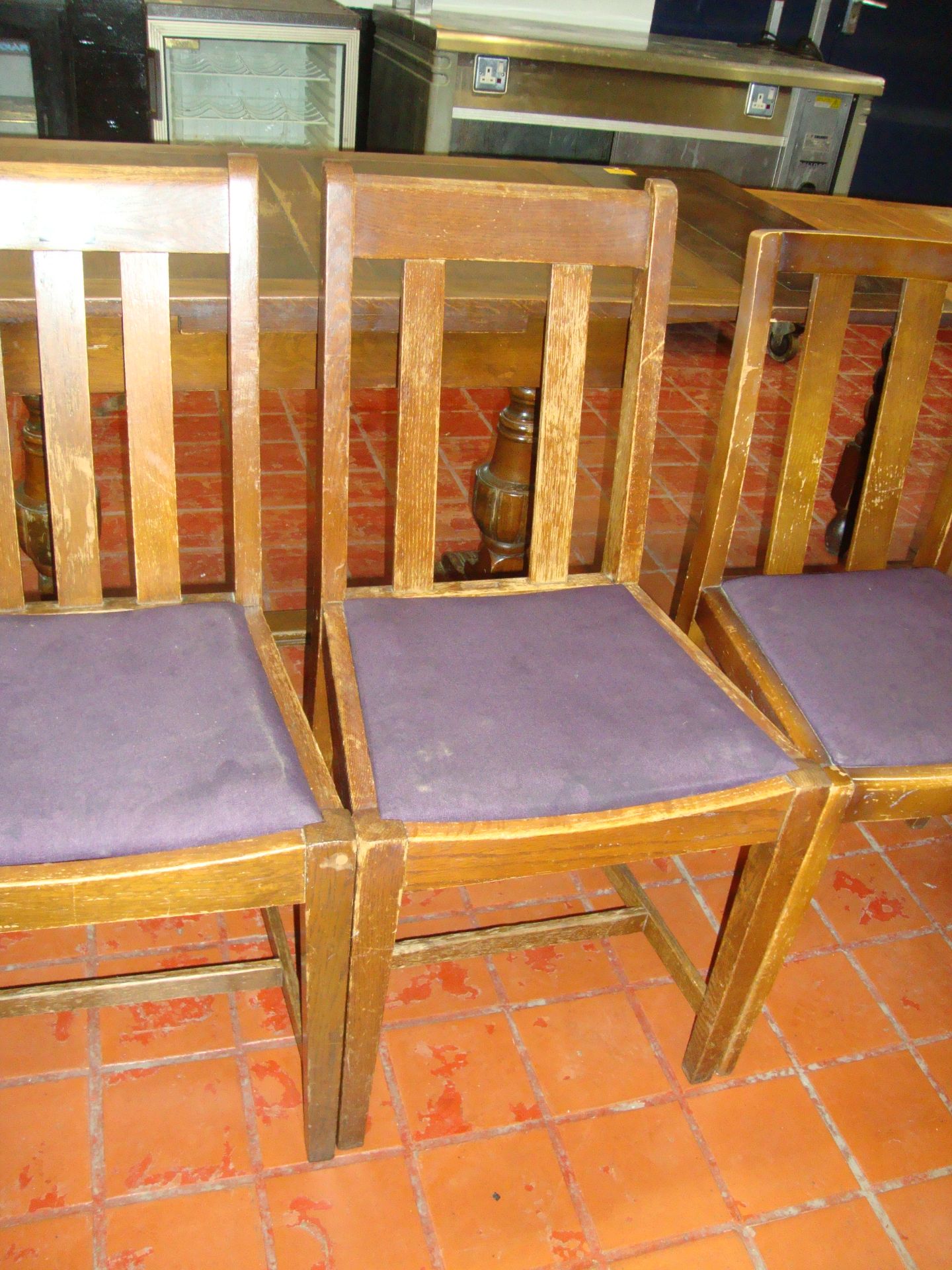 4 off wooden chairs with purple upholstered seat bases. NB each chair is slightly different - Image 3 of 5