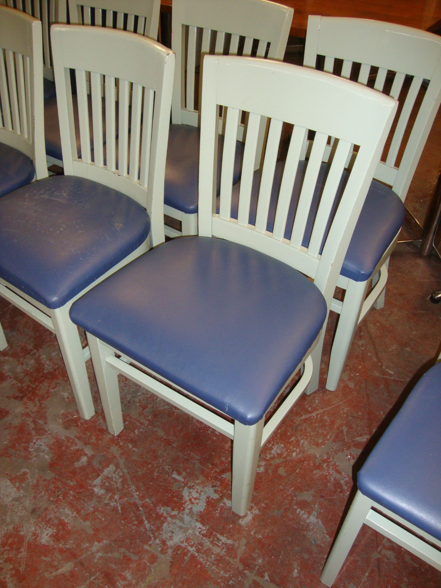 8 off pale green painted wooden chairs with blue upholstered seat bases. NB lots 131 - 137 consist - Image 2 of 3