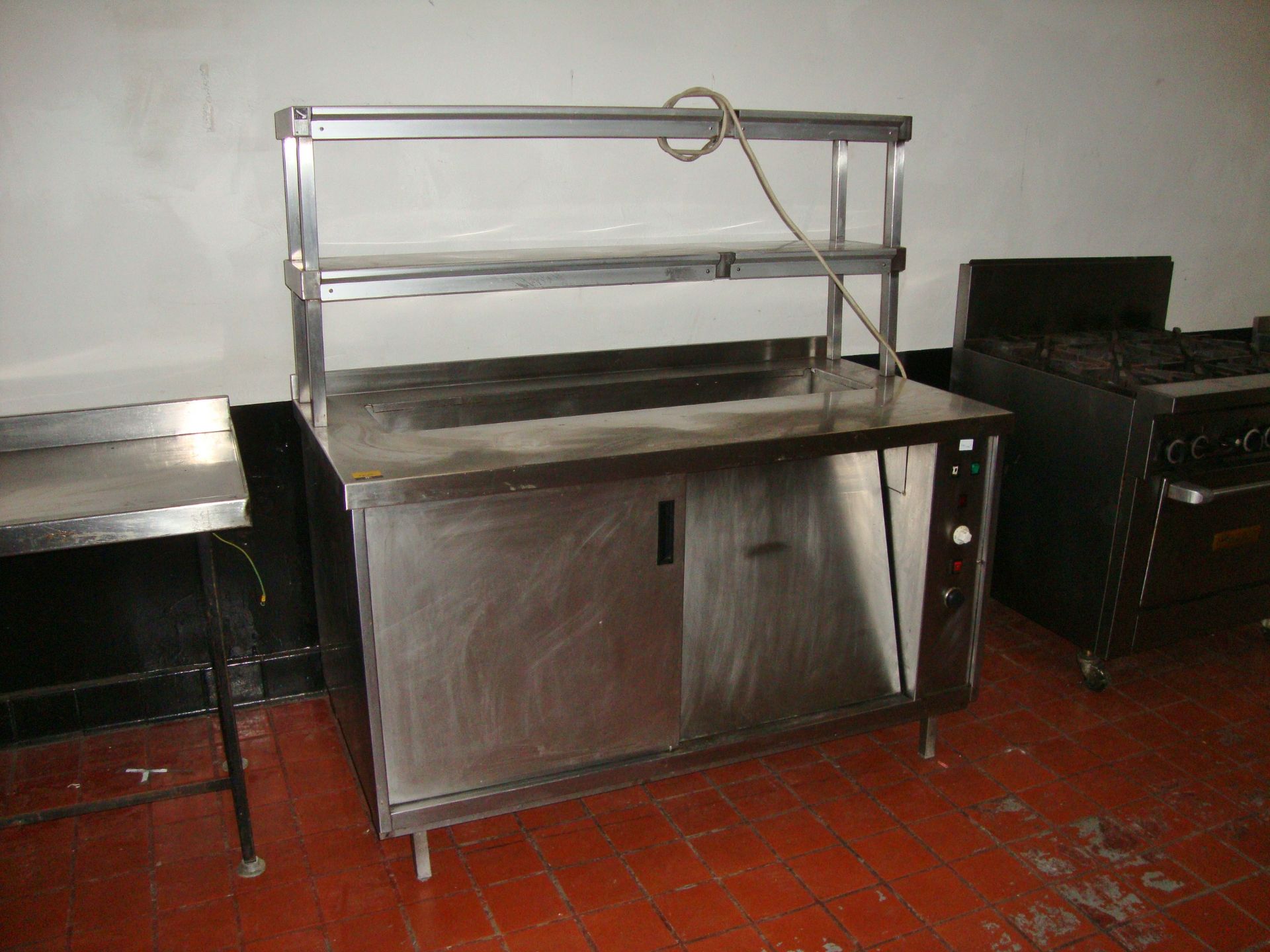 Stainless steel warming cupboard with bain marie section & illuminated serving shelves above, 59"