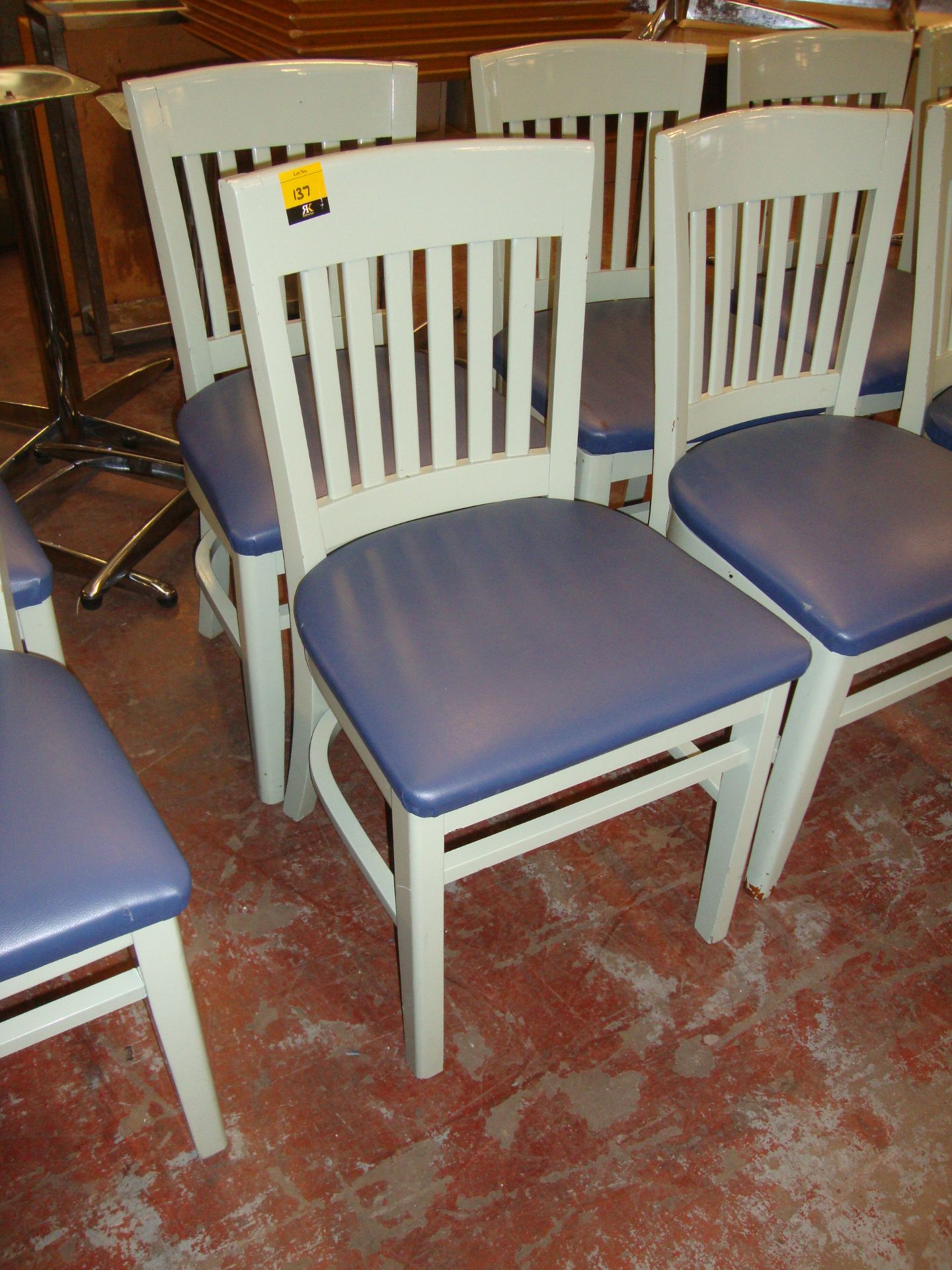 12 off pale green painted wooden chairs with blue upholstered seat bases. NB lots 131 - 137 - Image 2 of 3