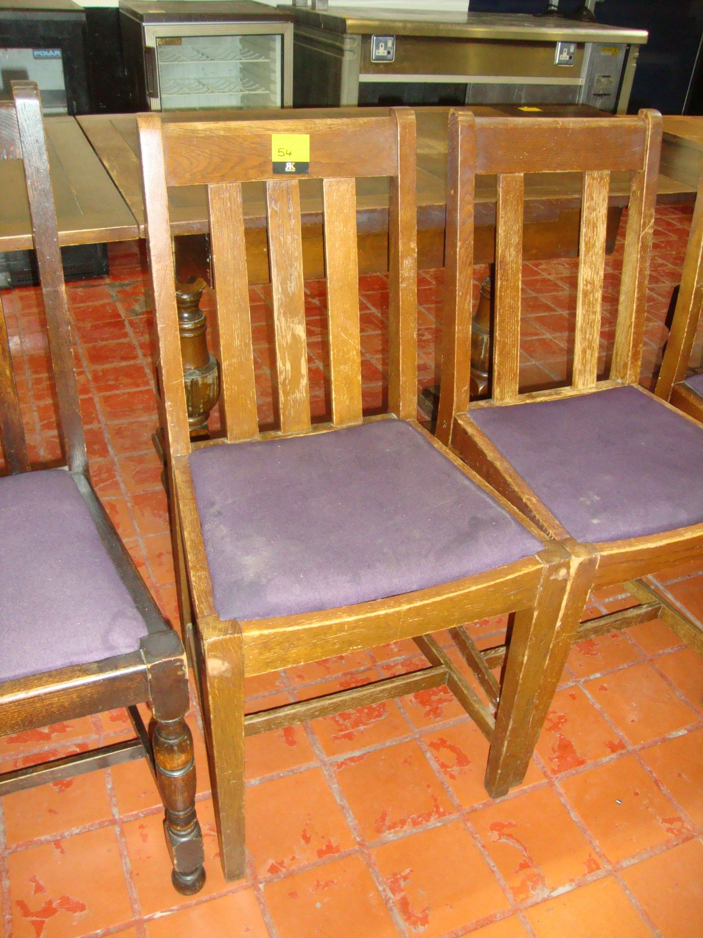 4 off wooden chairs with purple upholstered seat bases. NB each chair is slightly different - Image 2 of 5