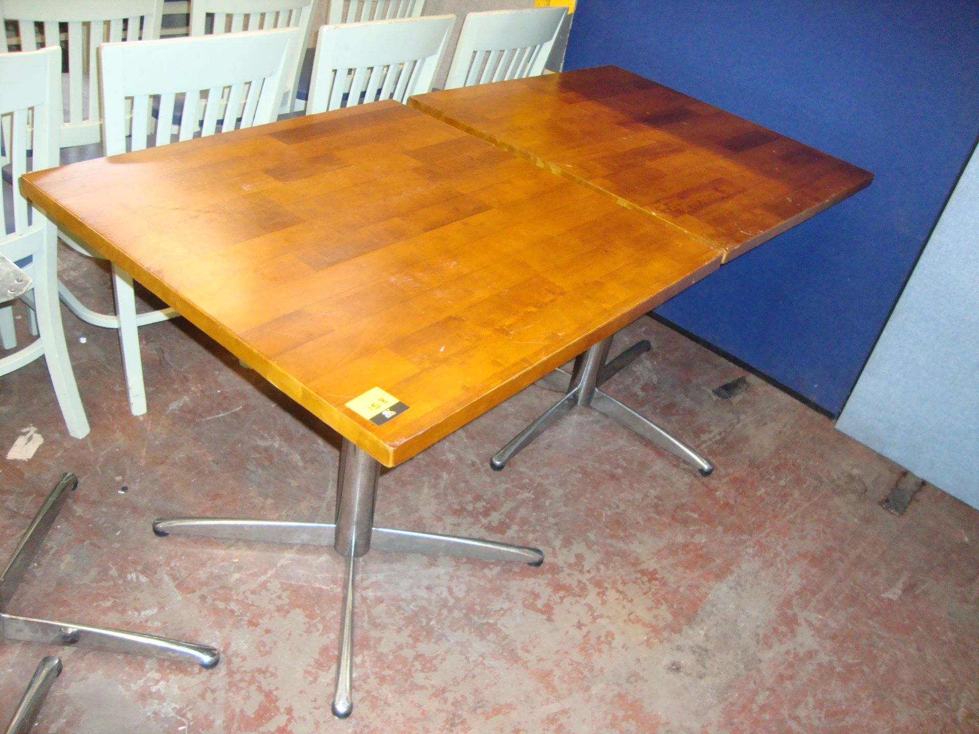 6 off brown square tables on single pedestal metal bases, table top size circa 31.5" square - Image 2 of 3