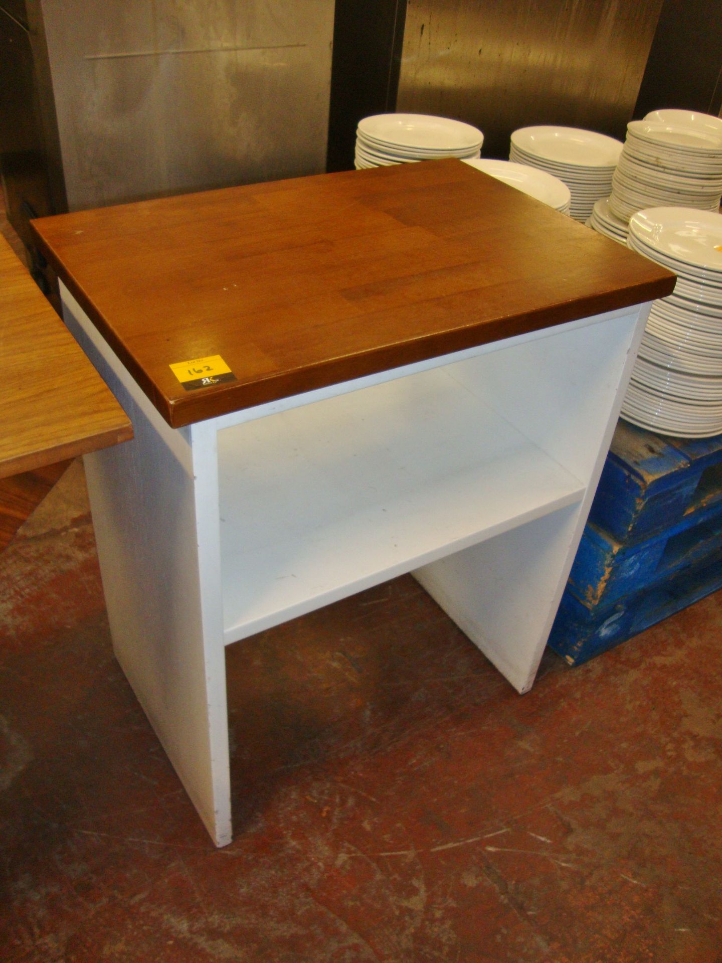 White & brown wooden serving table, max dimensions circa 27" x 19"