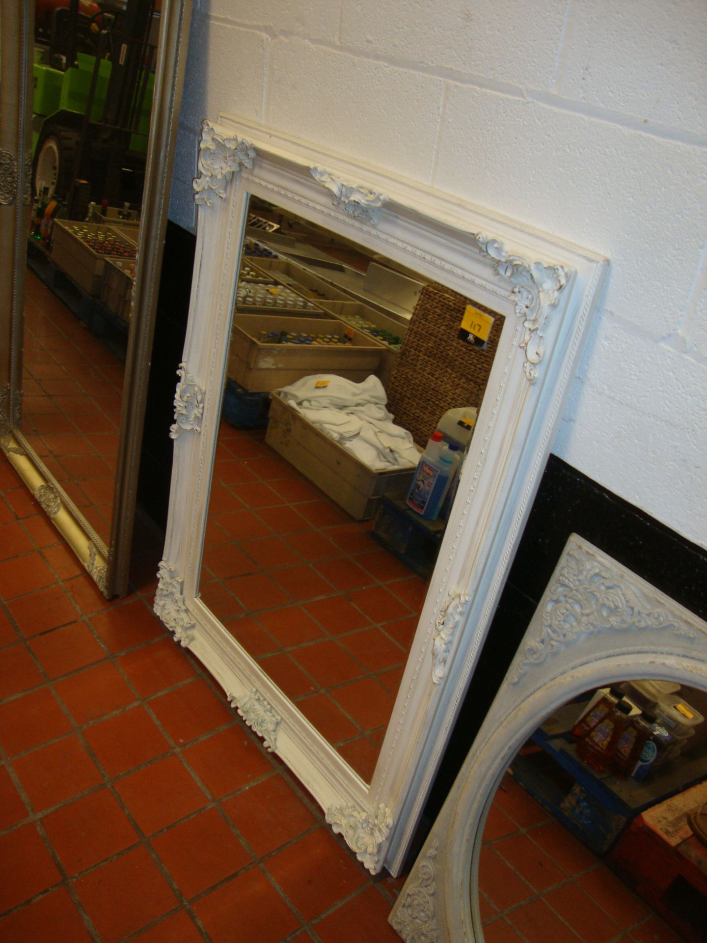 Large white ornately framed bevelled mirror max dimensions circa 36" x 48" - Image 2 of 2