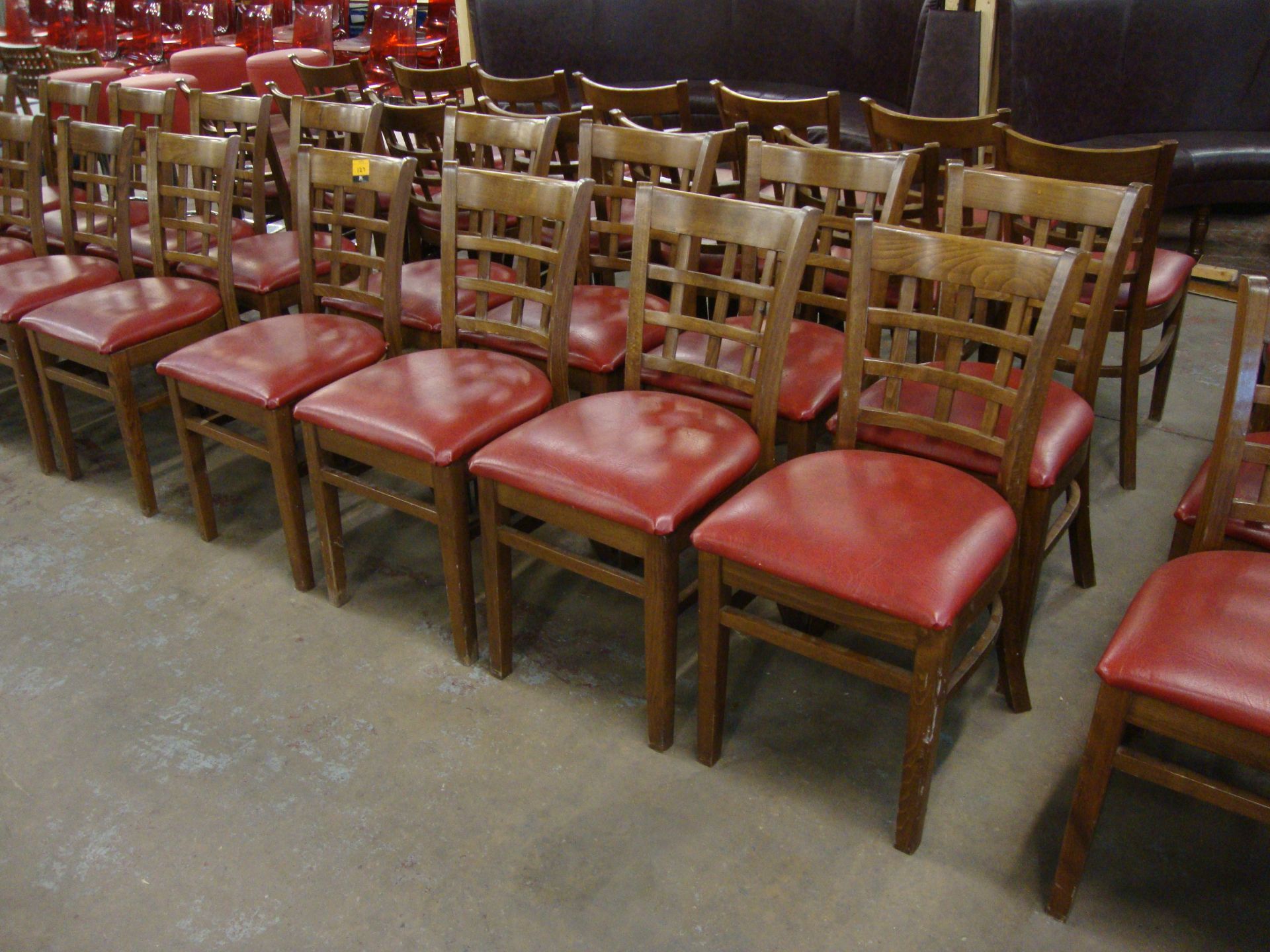 8 off wooden chairs with red upholstered bases. NB lots 121 – 129 consist of different quantities of - Image 2 of 3