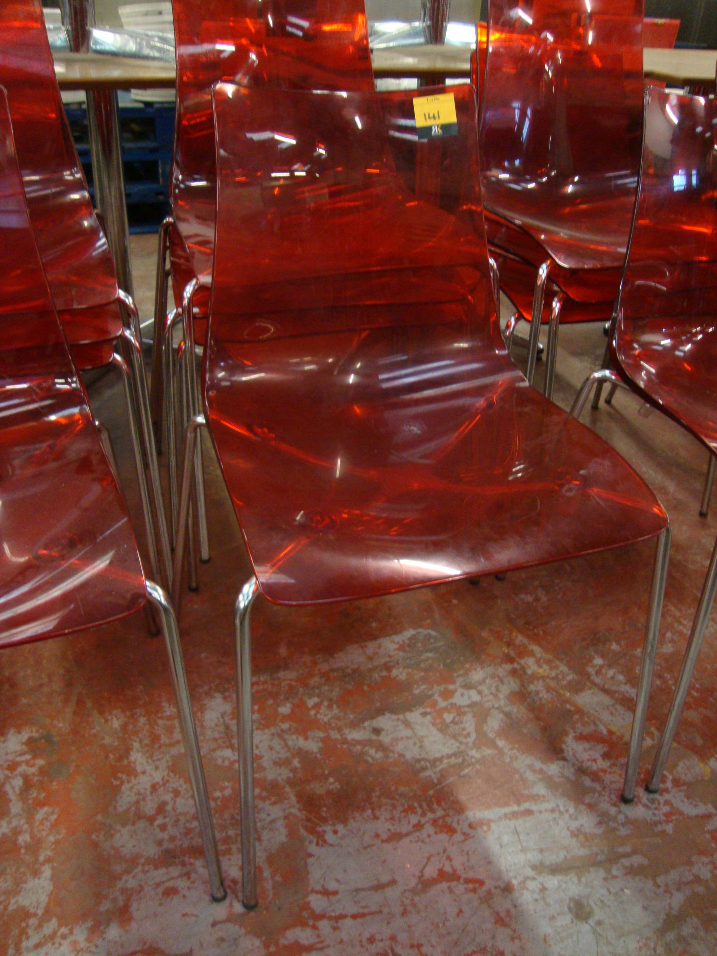 4 off matching red clear plastic chairs on metal legs. NB lots 138 - 145 consist of different - Image 2 of 2