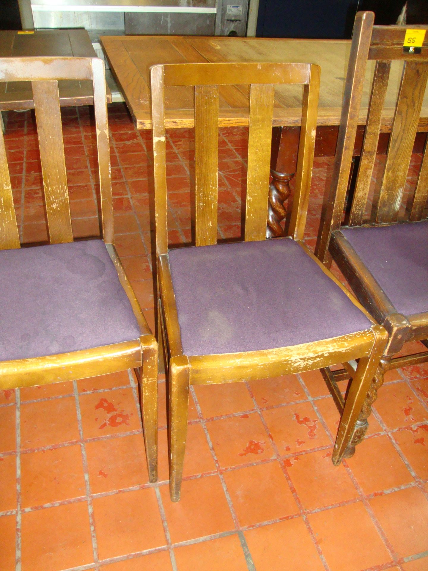 4 off wooden chairs with purple upholstered seat bases. NB each chair is slightly different - Image 5 of 5