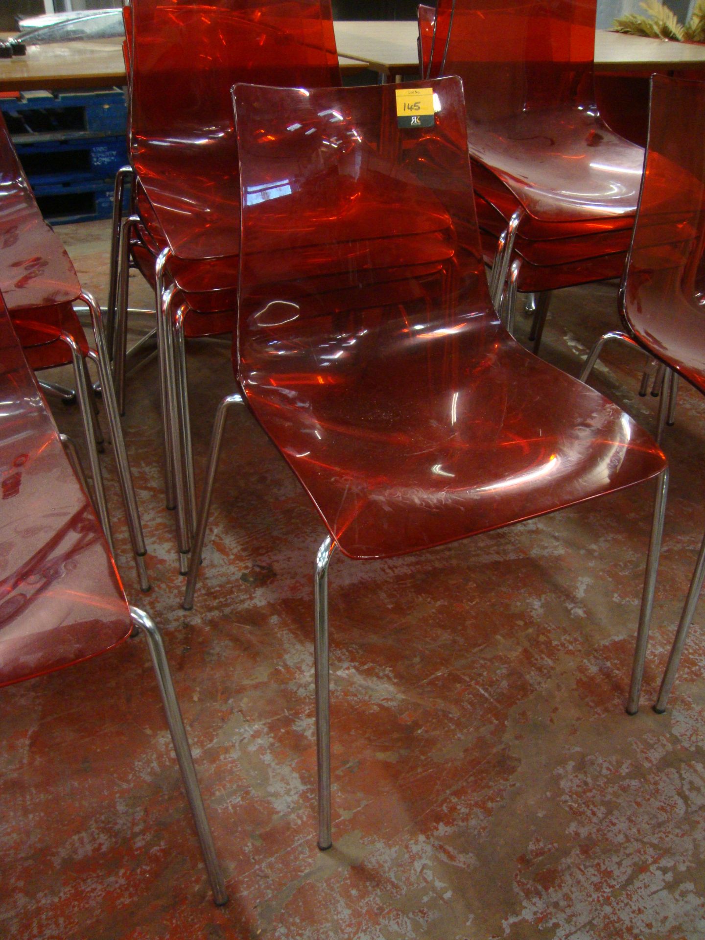 10 off matching red clear plastic chairs on metal legs. NB lots 138 - 145 consist of different - Image 2 of 3