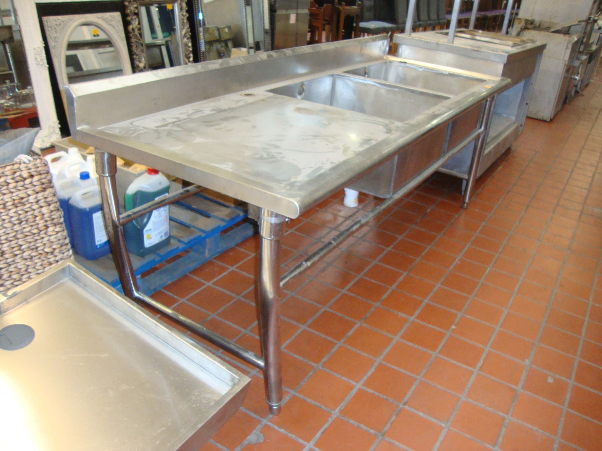 Large freestanding stainless steel twin bowl sink with max dimensions circa 87" x 31.5" x 37" - Image 2 of 3