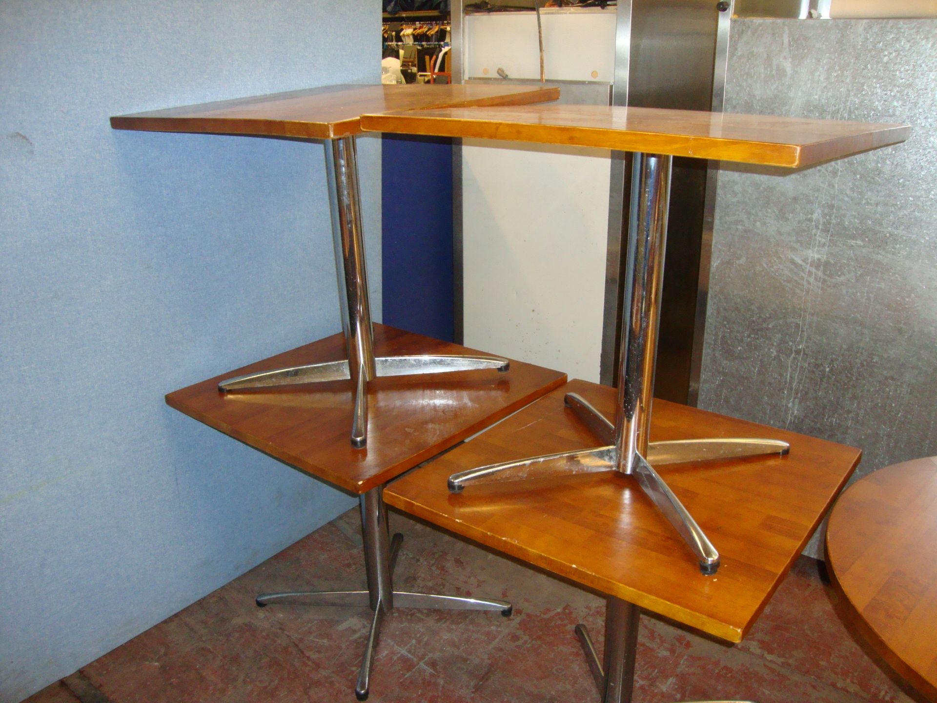 6 off brown square tables on single pedestal metal bases, table top size circa 31.5" square - Image 3 of 3