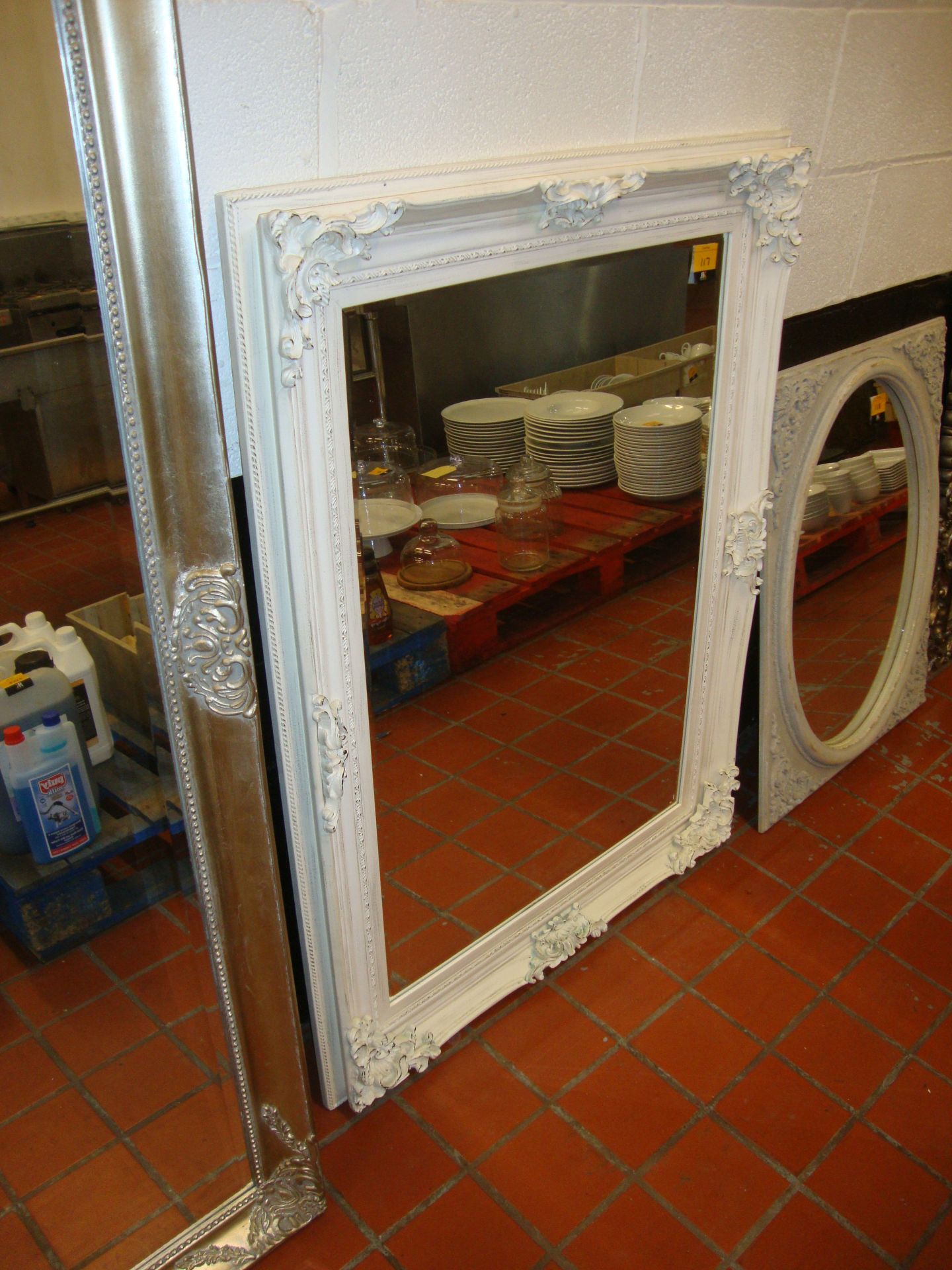 Large white ornately framed bevelled mirror max dimensions circa 36" x 48"