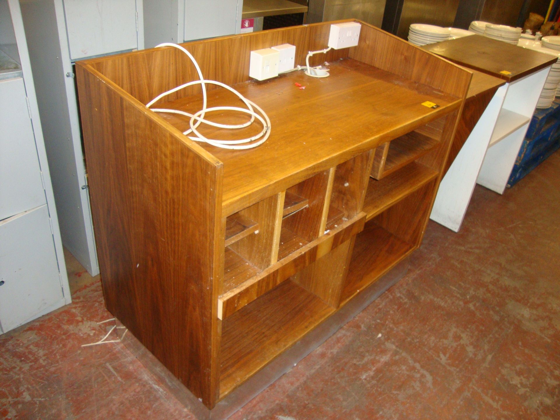 Wooden serving/buffet unit with built-in electrics & phone sockets, incorporating extending shelf,