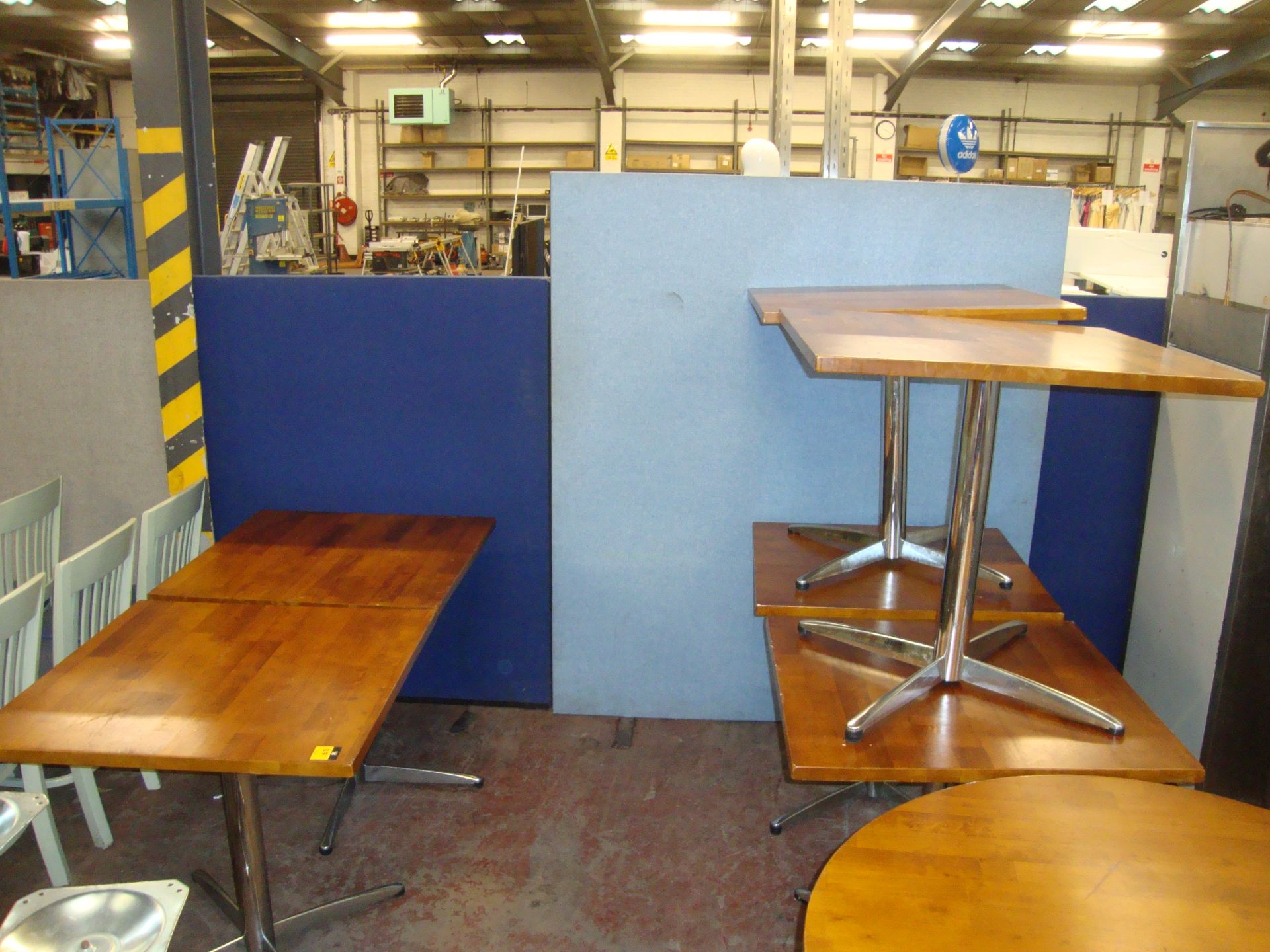 6 off brown square tables on single pedestal metal bases, table top size circa 31.5" square