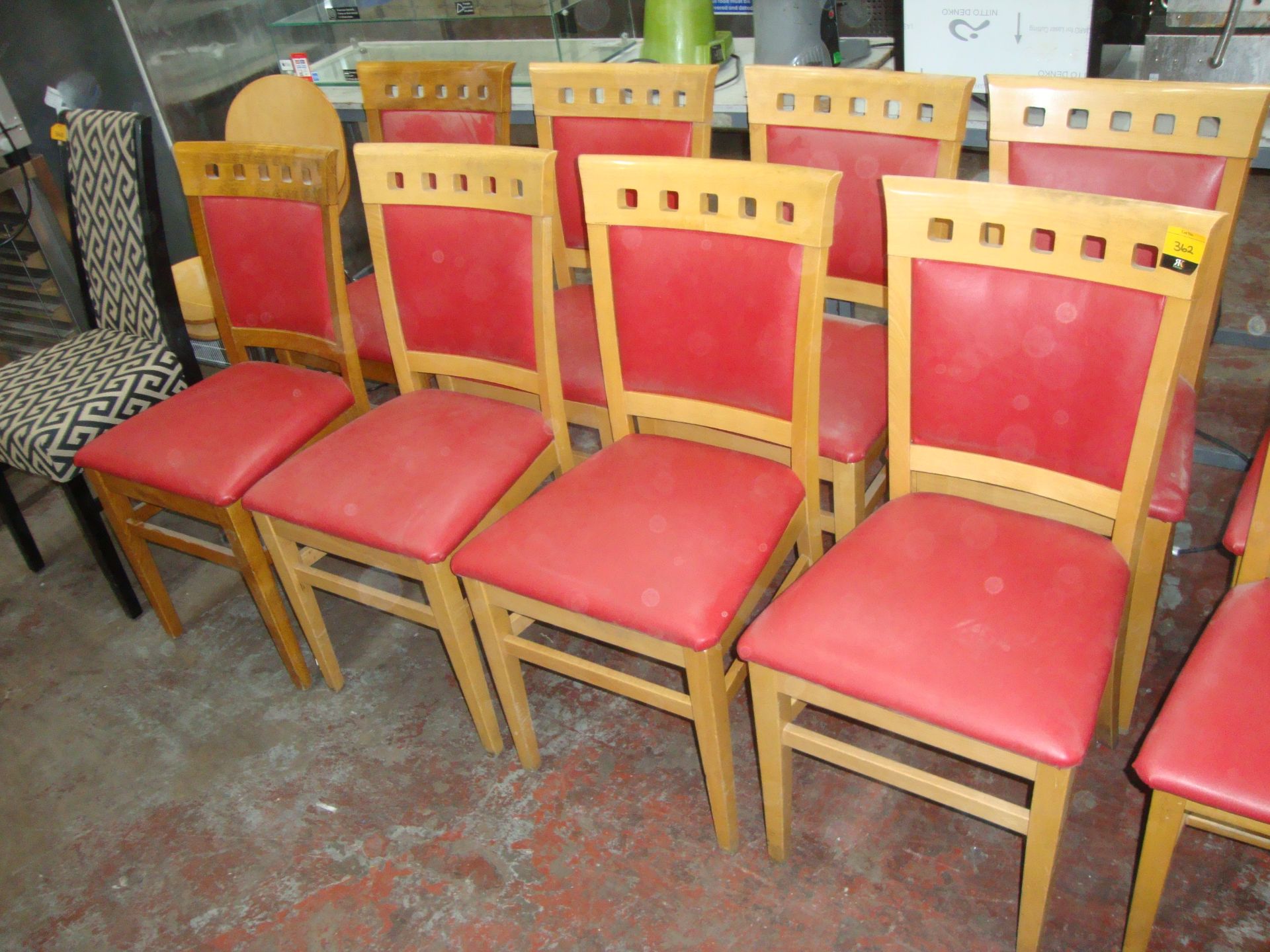 8 off wooden dining chairs with red upholstery NB. Lots 358 - 361 consist of different quantities of